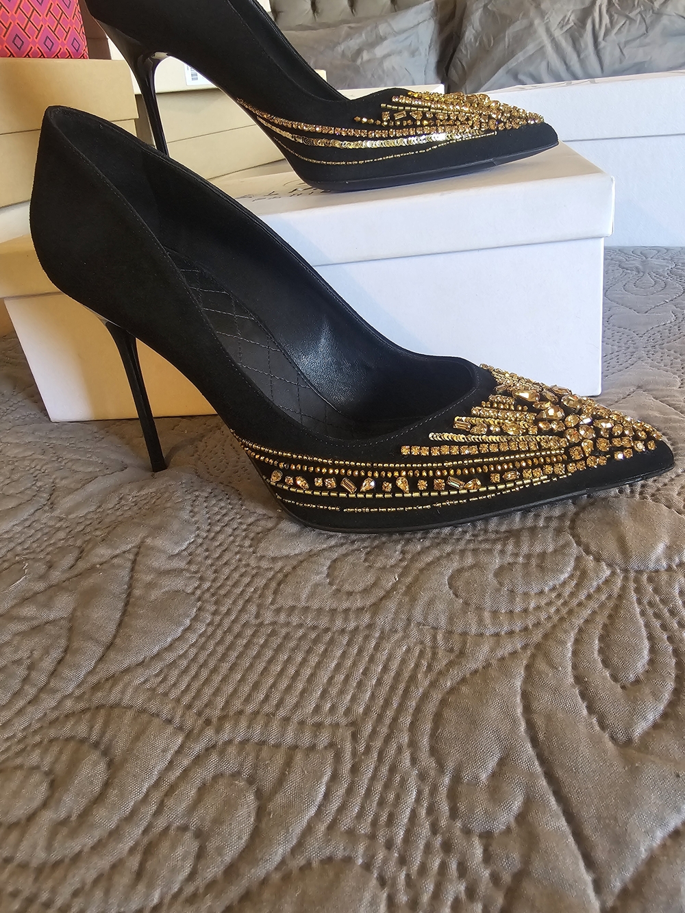 Balmain Black Suede Pointed-Toe Pumps with Gold Crystal Stripes